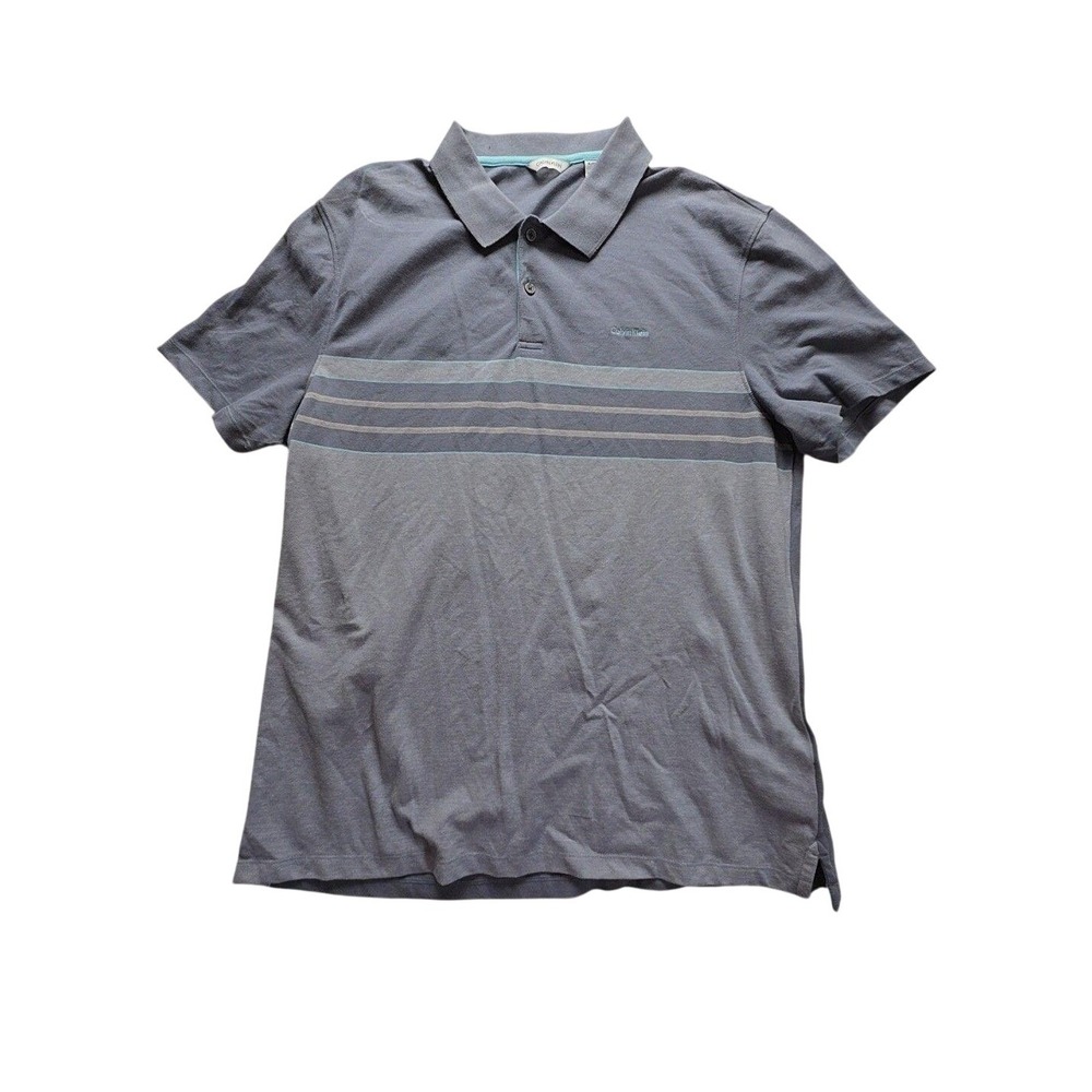 Calvin Klein Polo Shirt Mens XL Gray Stripe Short Sleeve Cotton Knit Logo Top